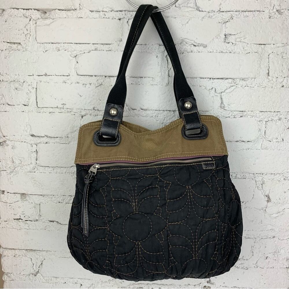 Fossil Quilted Floral Canvas Key Per Two Tone Tote Shoulder Bag Purse
